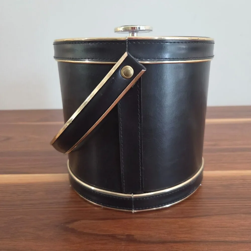 Vintage Mid Century MCM Black Faux Leather Ice Bucket Retro Barware Cocktails